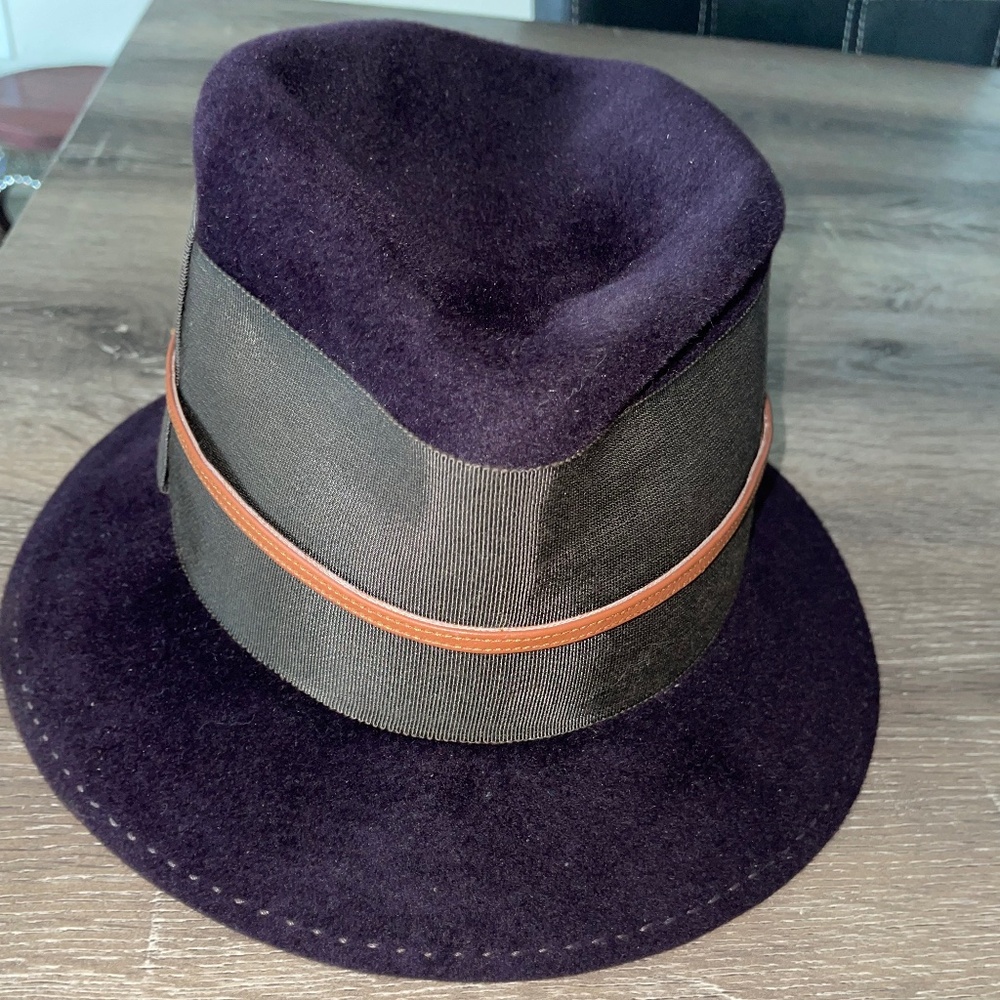 LOLA HATS Deep Purple Wool Fedora Hat Army Green Band Tan Leather Band Size S